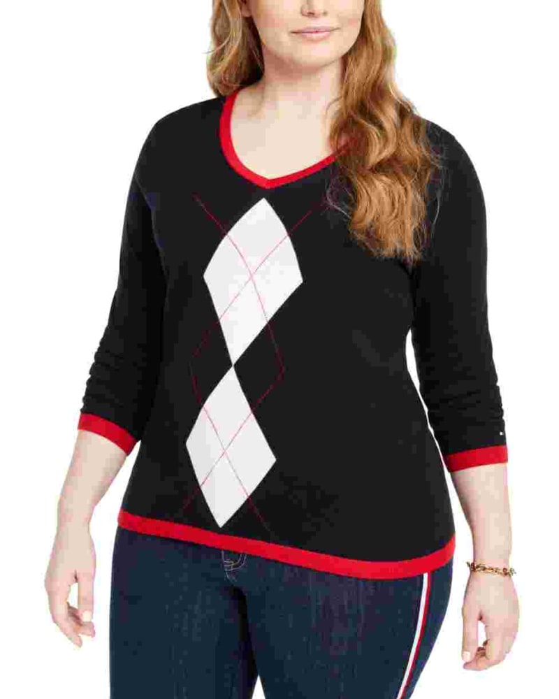 Front of a model wearing a size 1X Tommy Hilfiger Women's Plus Cotton V Neck Argyle Sweater Purple Size 1X in Purple by Tommy Hilfiger. | dia_product_style_image_id:314411